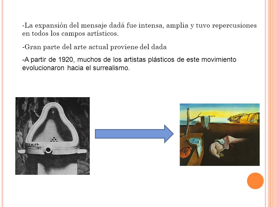 -La expansión del mensaje dadá fue intensa, amplia y tuvo repercusiones en todos los campos artísticos.