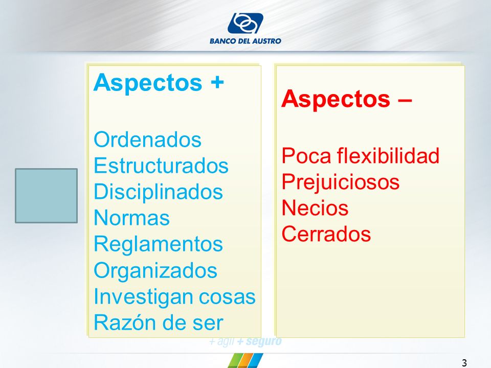 Aspectos + Ordenados Estructurados Disciplinados Normas Reglamentos Organizados Investigan cosas Razón de ser