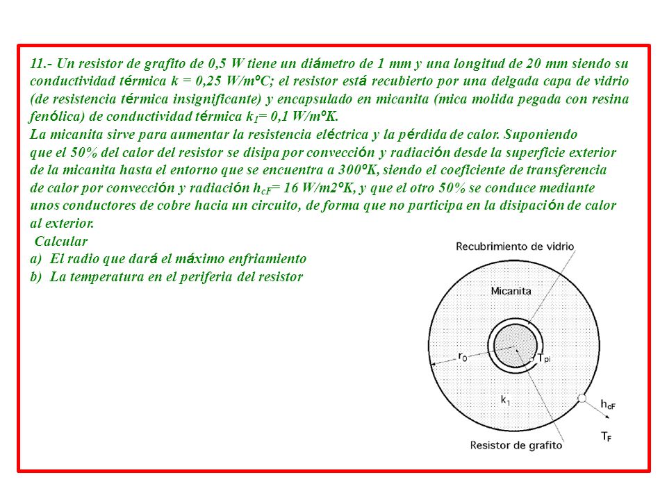 11.- Un resistor de grafito de 0,5 W tiene un diámetro de 1 mm y una longitud de 20 mm siendo su conductividad térmica k = 0,25 W/mºC; el resistor está recubierto por una delgada capa de vidrio (de resistencia térmica insignificante) y encapsulado en micanita (mica molida pegada con resina fenólica) de conductividad térmica k1= 0,1 W/mºK.