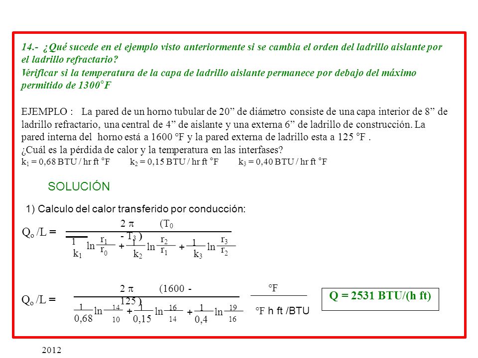 SOLUCIÓN Qo /L = Q = 2531 BTU/(h ft) Qo /L =