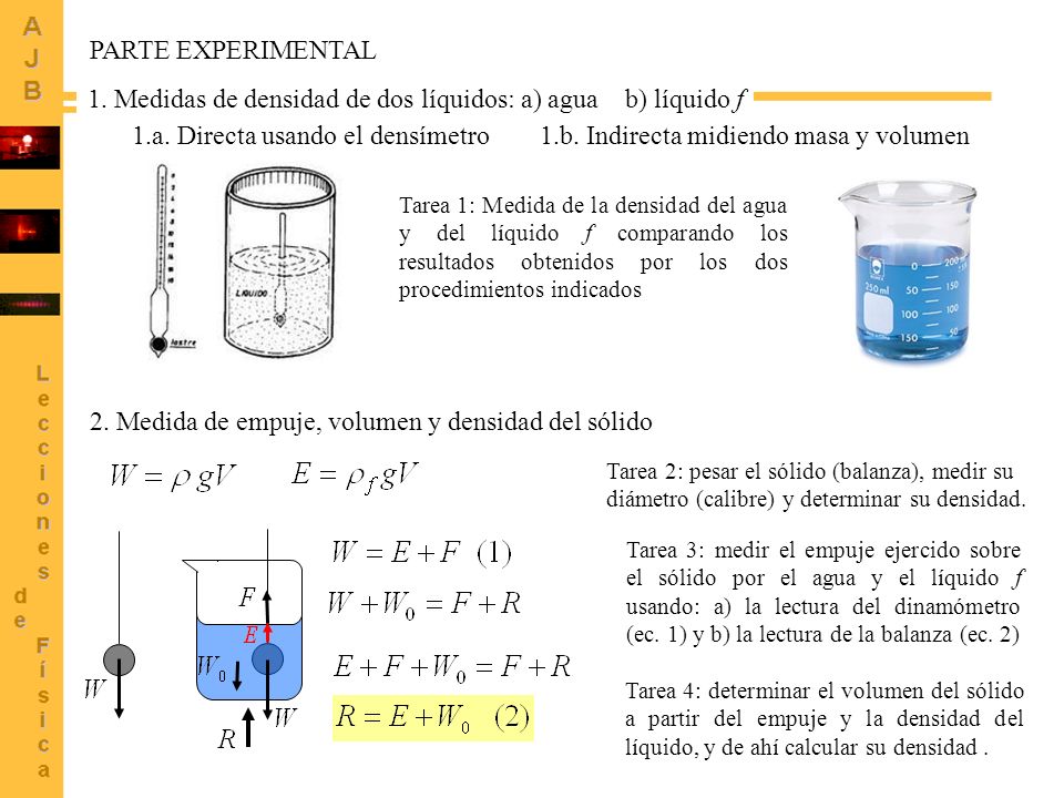 1. Medidas de densidad de dos líquidos: a) agua b) líquido f