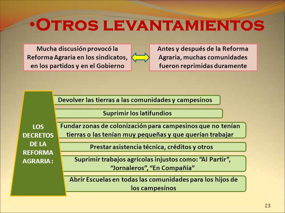 Otros levantamientos Mucha discusión provocó la Reforma Agraria en los sindicatos, en los partidos y en el Gobierno.