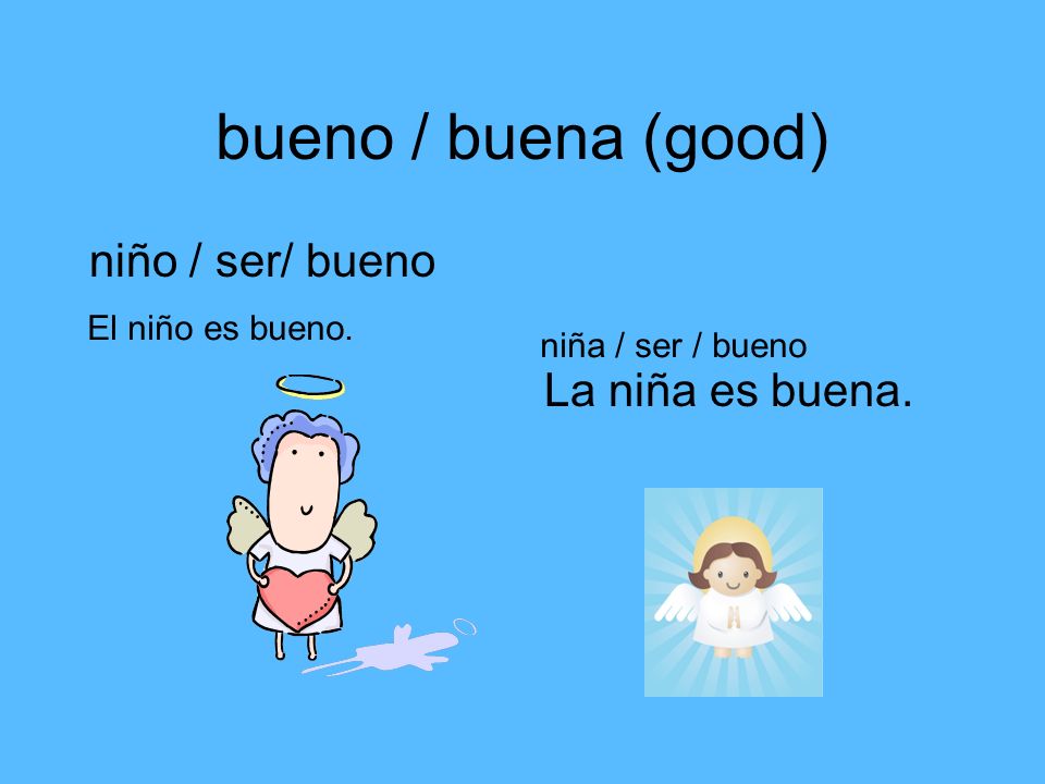 bueno / buena (good) niño / ser/ bueno La niña es buena.