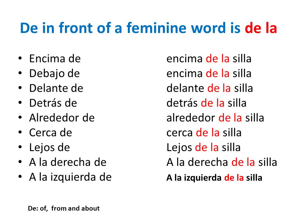 De in front of a feminine word is de la