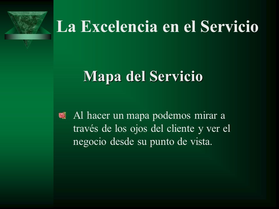 Mapa del Servicio Al hacer un mapa podemos mirar a través de los ojos del cliente y ver el negocio desde su punto de vista.