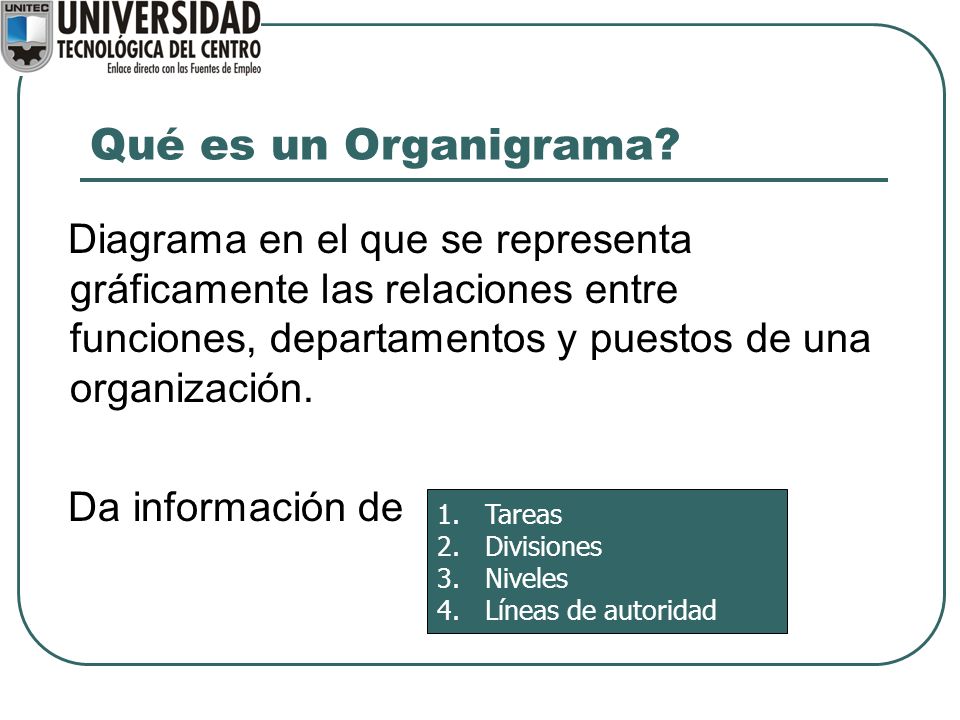 Qué es un Organigrama Diagrama en el que se representa gráficamente las relaciones entre funciones, departamentos y puestos de una organización.