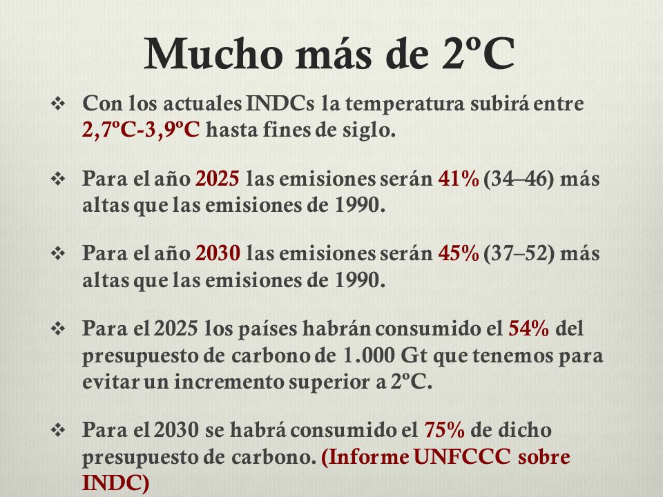 Mucho más de 2ºC Con los actuales INDCs la temperatura subirá entre 2,7ºC-3,9ºC hasta fines de siglo.