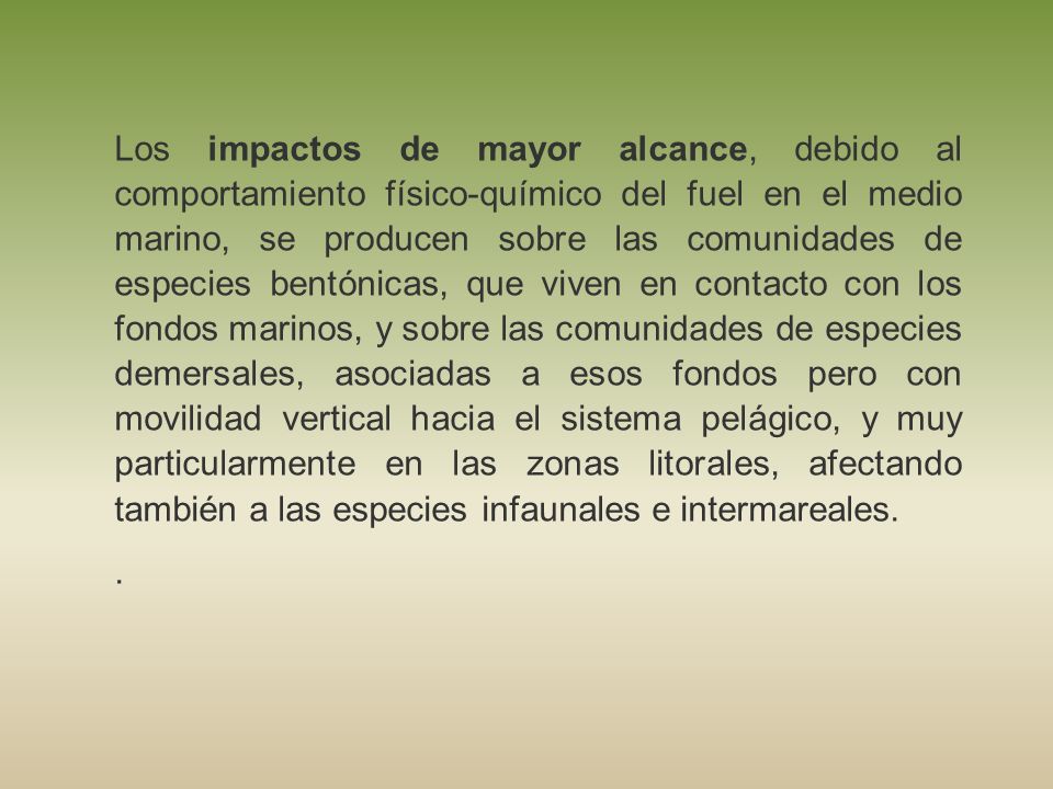 Los impactos de mayor alcance, debido al comportamiento físico-químico del fuel en el medio marino, se producen sobre las comunidades de especies bentónicas, que viven en contacto con los fondos marinos, y sobre las comunidades de especies demersales, asociadas a esos fondos pero con movilidad vertical hacia el sistema pelágico, y muy particularmente en las zonas litorales, afectando también a las especies infaunales e intermareales.