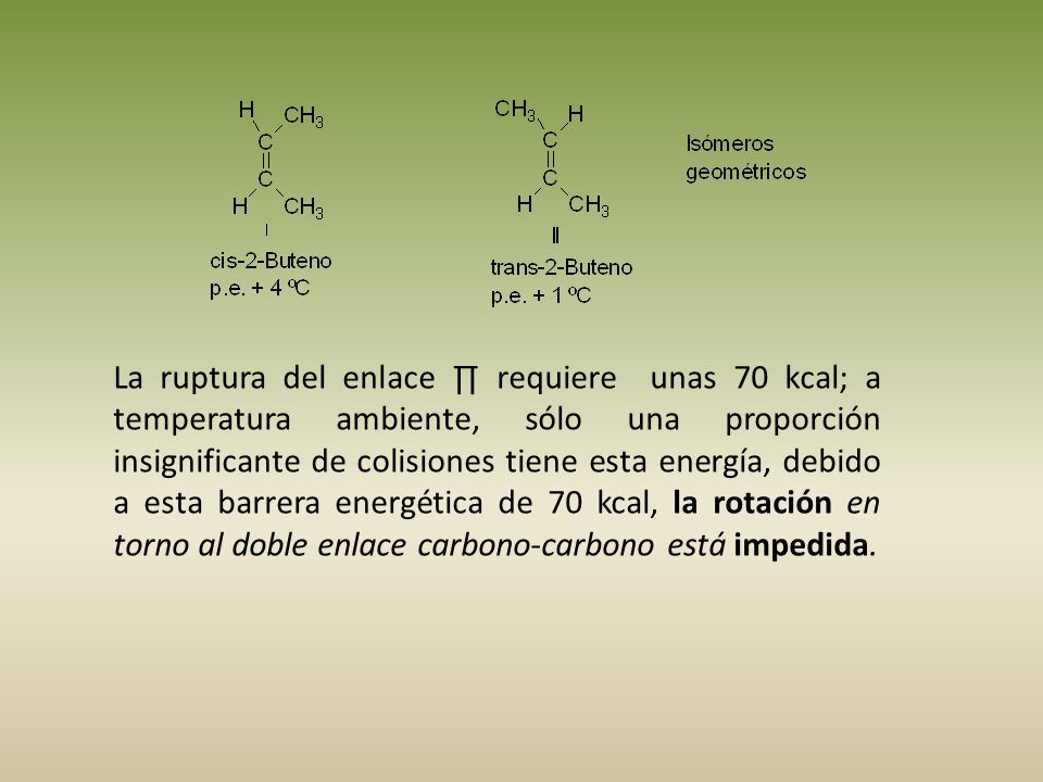 La ruptura del enlace ∏ requiere unas 70 kcal; a temperatura ambiente, sólo una proporción insignificante de colisiones tiene esta energía, debido a esta barrera energética de 70 kcal, la rotación en torno al doble enlace carbono-carbono está impedida.