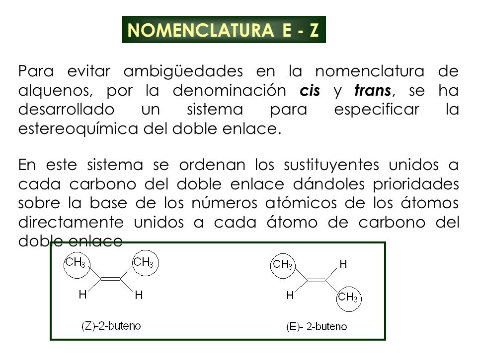 Para evitar ambigüedades en la nomenclatura de alquenos, por la denominación cis y trans, se ha desarrollado un sistema para especificar la estereoquímica del doble enlace.