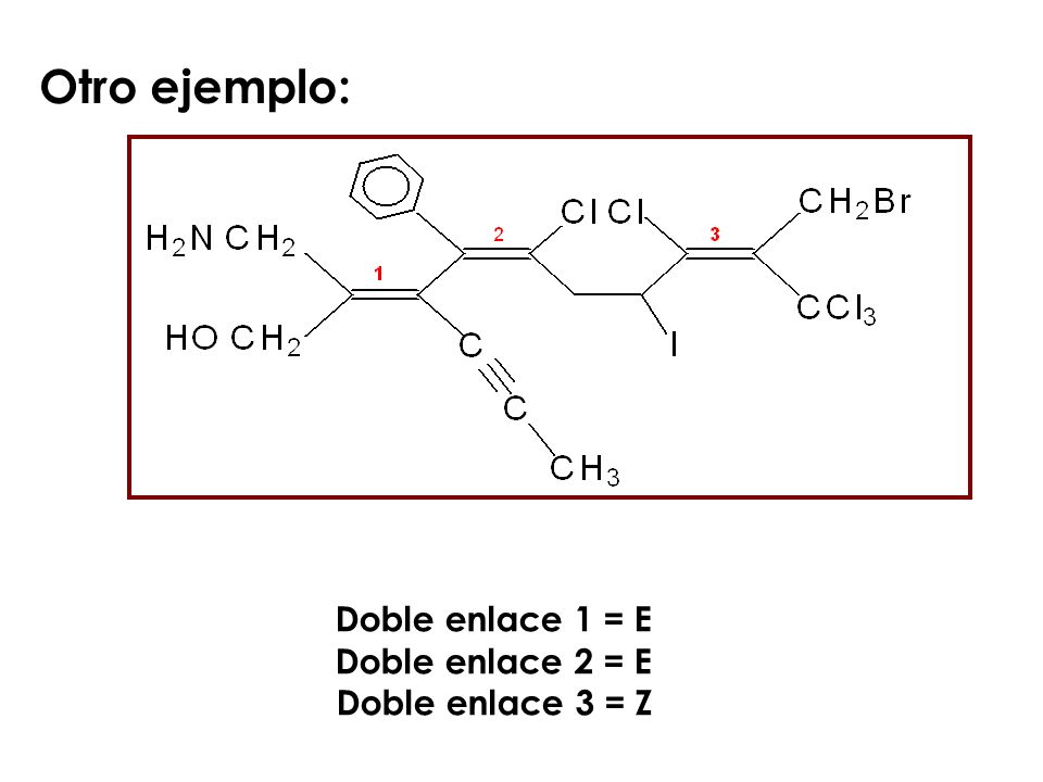 Otro ejemplo: Doble enlace 1 = E Doble enlace 2 = E Doble enlace 3 = Z