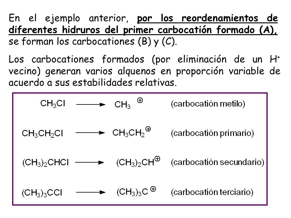 En el ejemplo anterior, por los reordenamientos de diferentes hidruros del primer carbocatión formado (A), se forman los carbocationes (B) y (C).