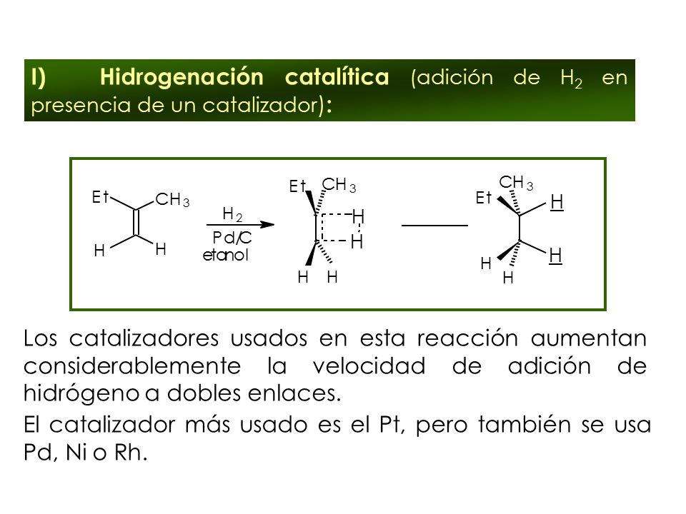 El catalizador más usado es el Pt, pero también se usa Pd, Ni o Rh.