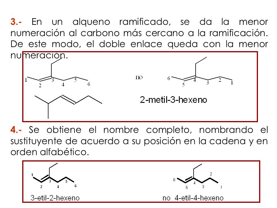 3.- En un alqueno ramificado, se da la menor numeración al carbono más cercano a la ramificación. De este modo, el doble enlace queda con la menor numeración.