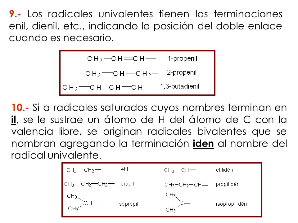 9.- Los radicales univalentes tienen las terminaciones enil, dienil, etc., indicando la posición del doble enlace cuando es necesario.