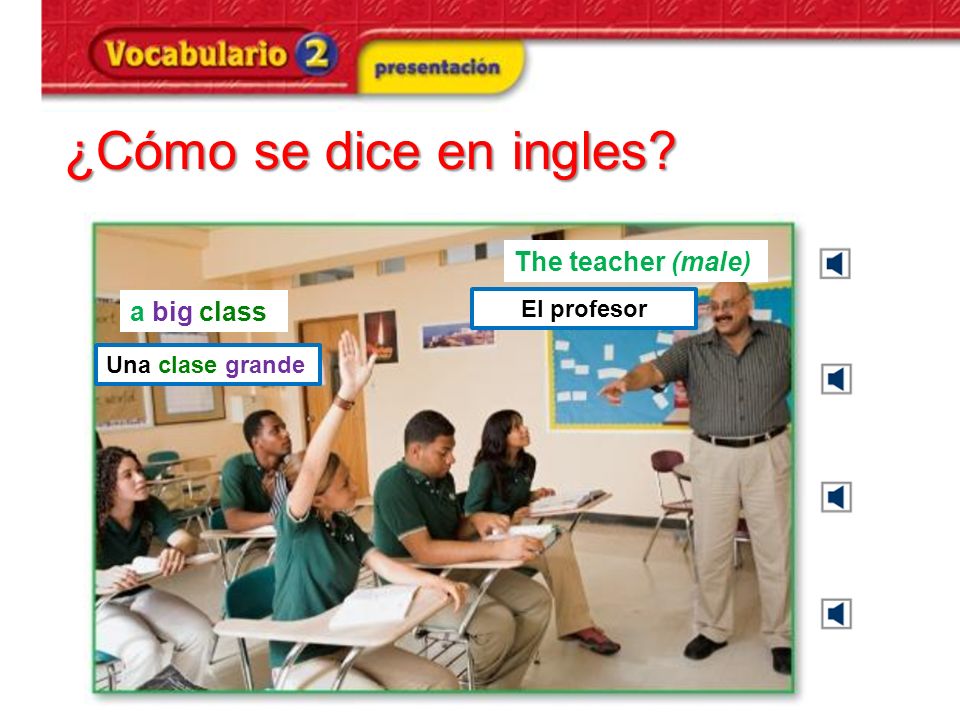 ¿Cómo se dice en ingles The teacher (male) a big class El profesor