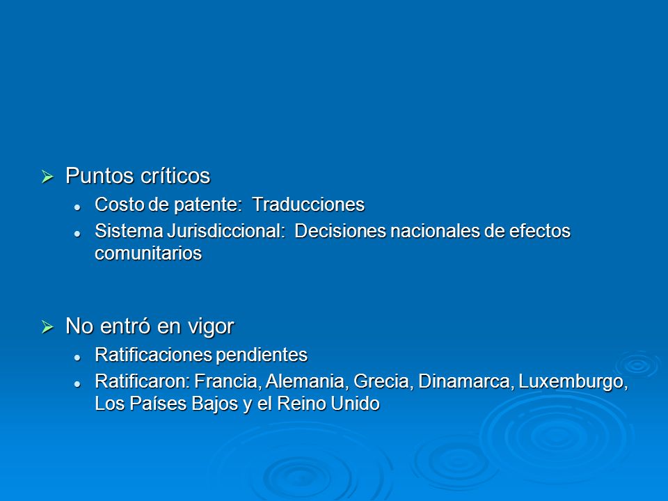 Puntos críticos No entró en vigor Costo de patente: Traducciones