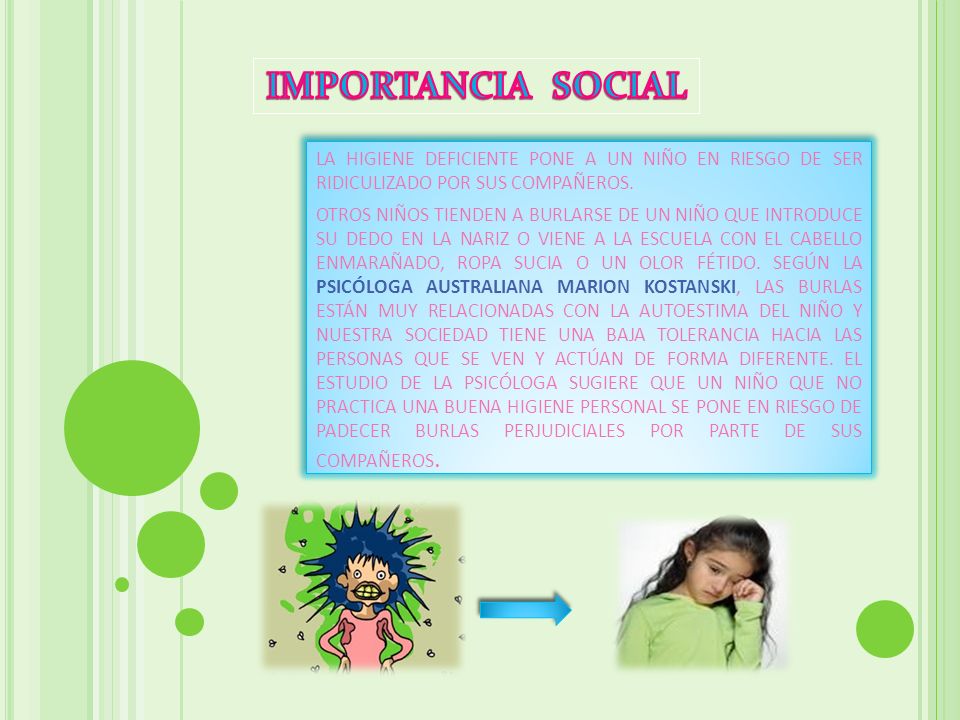 IMPORTANCIA SOCIAL LA HIGIENE DEFICIENTE PONE A UN NIÑO EN RIESGO DE SER RIDICULIZADO POR SUS COMPAÑEROS.