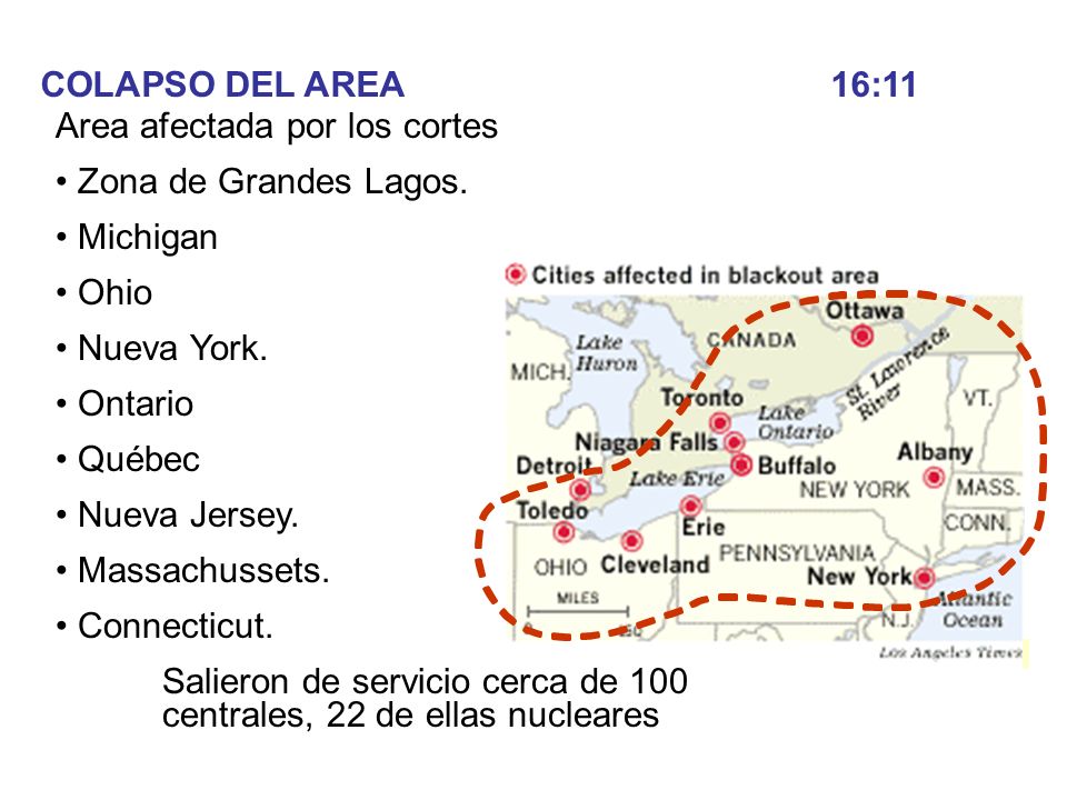 COLAPSO DEL AREA 16:11 Area afectada por los cortes. Zona de Grandes Lagos. Michigan. Ohio. Nueva York.