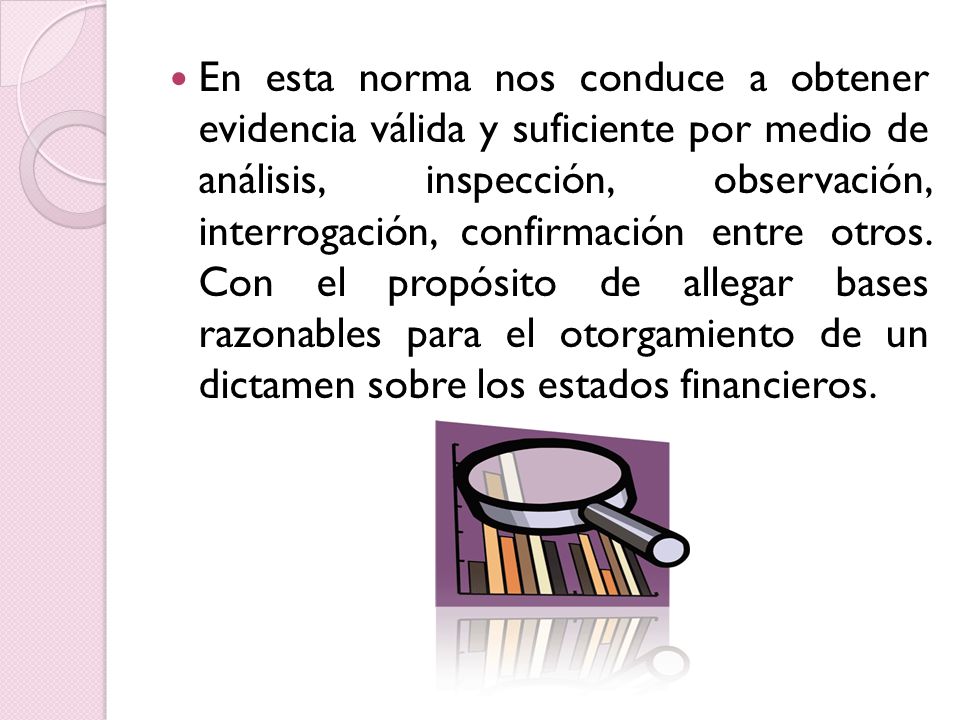 En esta norma nos conduce a obtener evidencia válida y suficiente por medio de análisis, inspección, observación, interrogación, confirmación entre otros.