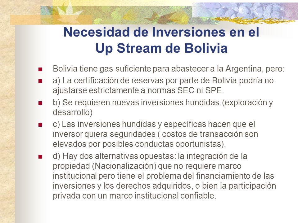 Necesidad de Inversiones en el Up Stream de Bolivia