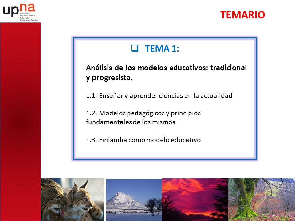 TEMARIO TEMA 1: Análisis de los modelos educativos: tradicional y progresista Enseñar y aprender ciencias en la actualidad.