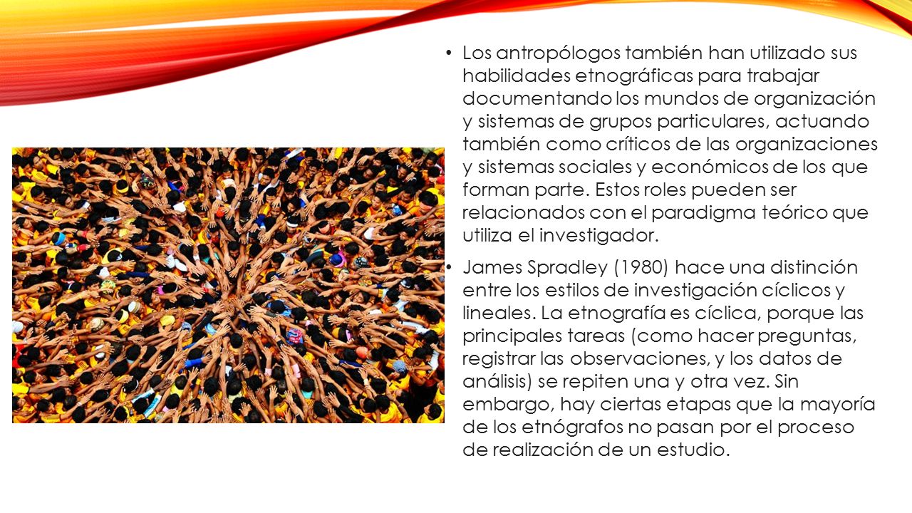 Los antropólogos también han utilizado sus habilidades etnográficas para trabajar documentando los mundos de organización y sistemas de grupos particulares, actuando también como críticos de las organizaciones y sistemas sociales y económicos de los que forman parte. Estos roles pueden ser relacionados con el paradigma teórico que utiliza el investigador.