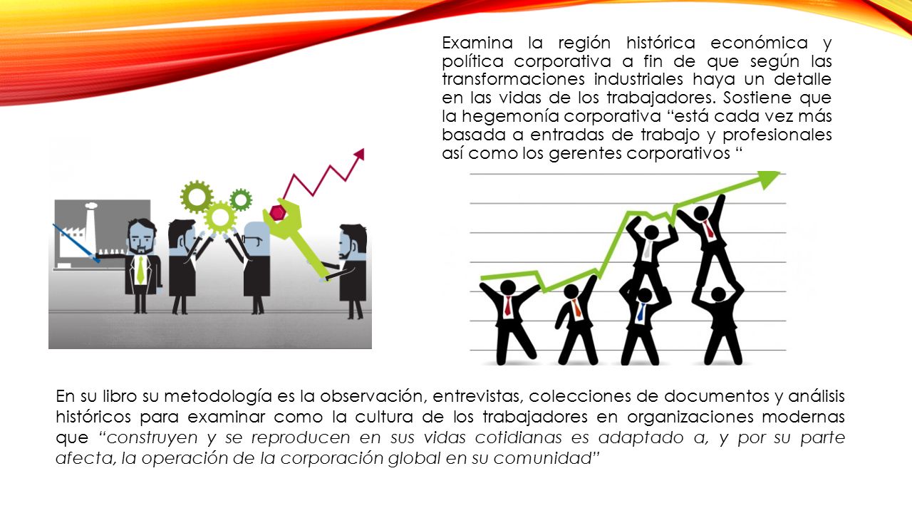 Examina la región histórica económica y política corporativa a fin de que según las transformaciones industriales haya un detalle en las vidas de los trabajadores. Sostiene que la hegemonía corporativa está cada vez más basada a entradas de trabajo y profesionales así como los gerentes corporativos