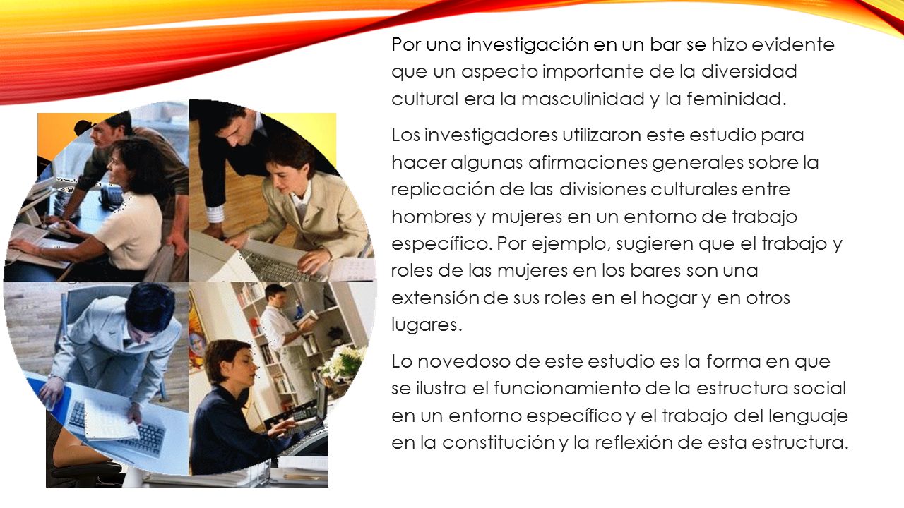 Por una investigación en un bar se hizo evidente que un aspecto importante de la diversidad cultural era la masculinidad y la feminidad.