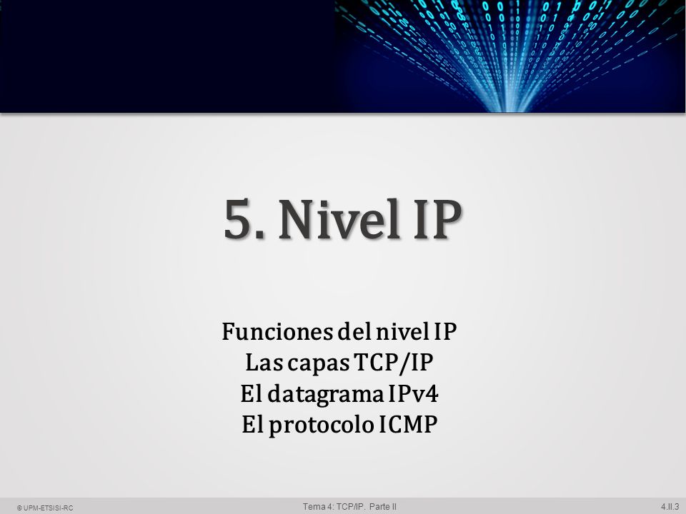 5. Nivel IP Funciones del nivel IP Las capas TCP/IP El datagrama IPv4