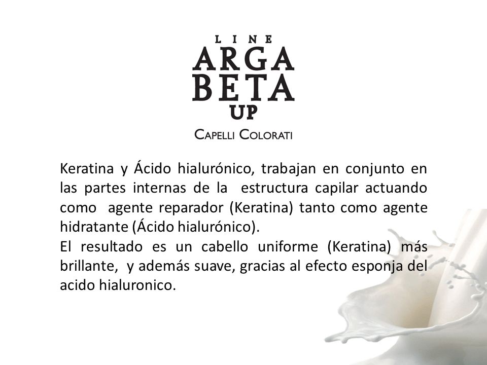 Keratina y Ácido hialurónico, trabajan en conjunto en las partes internas de la estructura capilar actuando como agente reparador (Keratina) tanto como agente hidratante (Ácido hialurónico).