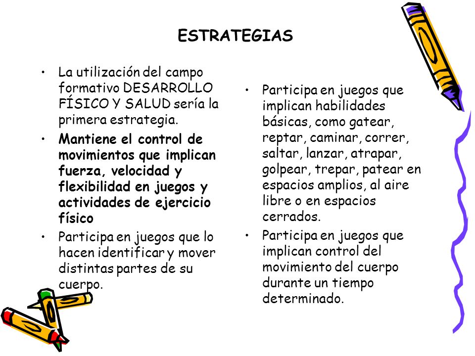 ESTRATEGIAS. La utilización del campo formativo DESARROLLO FÍSICO Y SALUD sería la primera estrategia.