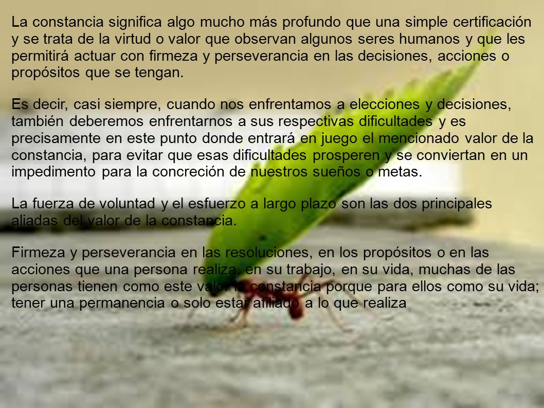 La constancia significa algo mucho más profundo que una simple certificación y se trata de la virtud o valor que observan algunos seres humanos y que les permitirá actuar con firmeza y perseverancia en las decisiones, acciones o propósitos que se tengan.