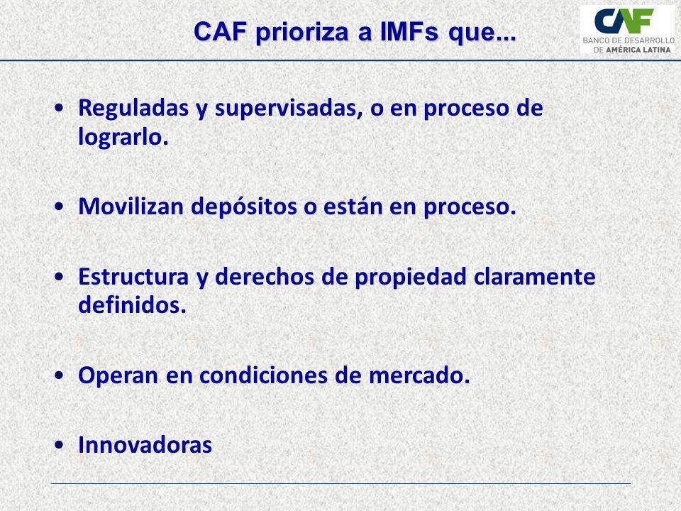 CAF prioriza a IMFs que... Reguladas y supervisadas, o en proceso de lograrlo. Movilizan depósitos o están en proceso.