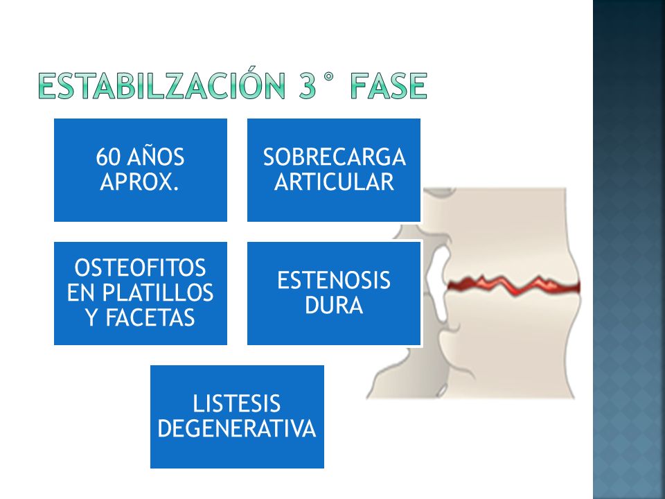 ESTABILZACIÓN 3° FASE 60 AÑOS APROX. SOBRECARGA ARTICULAR. OSTEOFITOS EN PLATILLOS Y FACETAS. ESTENOSIS DURA.