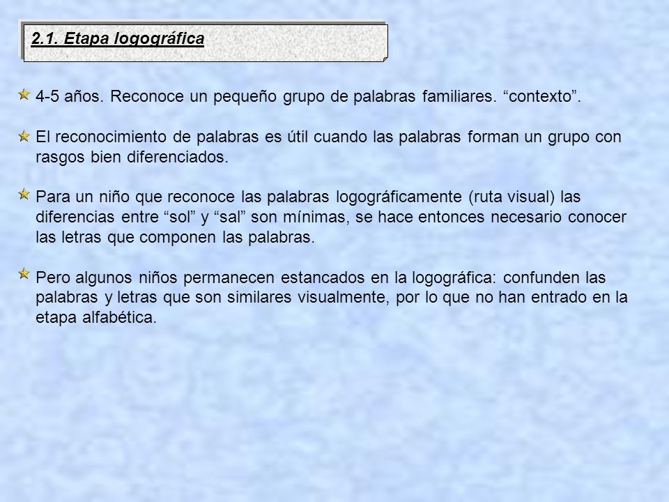 2.1. Etapa logográfica 4-5 años. Reconoce un pequeño grupo de palabras familiares. contexto .