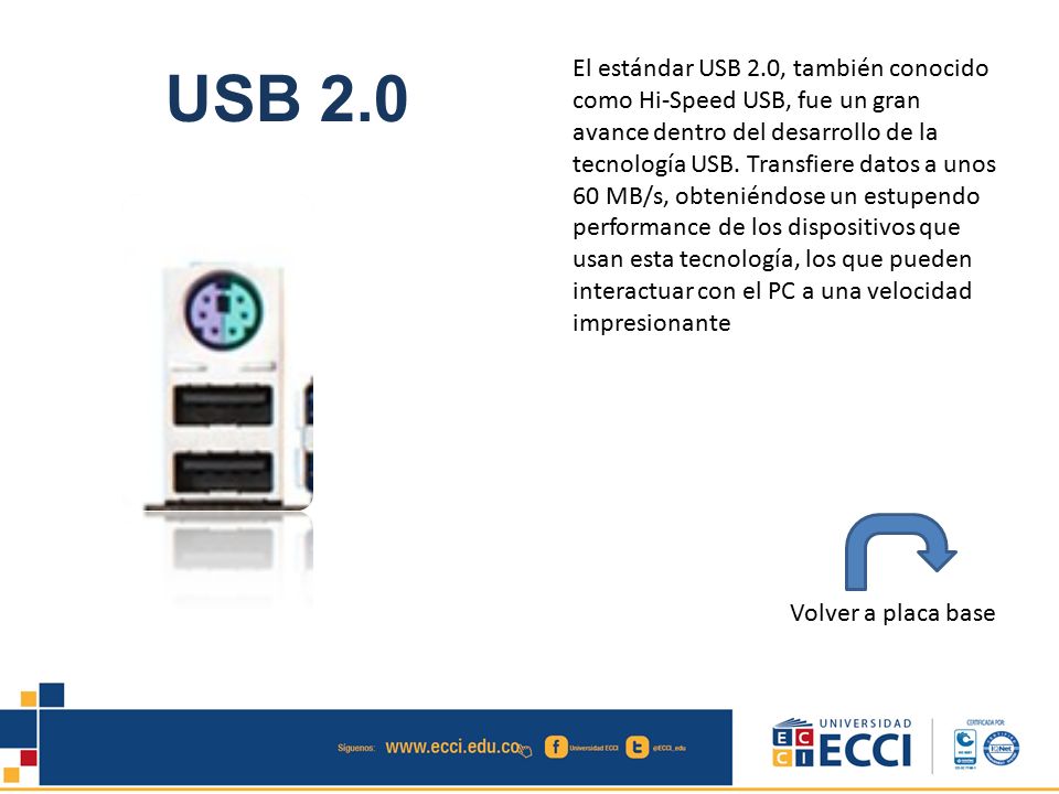 El estándar USB 2.0, también conocido como Hi-Speed USB, fue un gran avance dentro del desarrollo de la tecnología USB. Transfiere datos a unos 60 MB/s, obteniéndose un estupendo performance de los dispositivos que usan esta tecnología, los que pueden interactuar con el PC a una velocidad impresionante