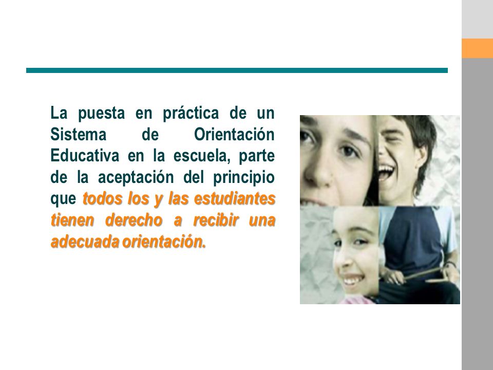 La puesta en práctica de un Sistema de Orientación Educativa en la escuela, parte de la aceptación del principio que todos los y las estudiantes tienen derecho a recibir una adecuada orientación.