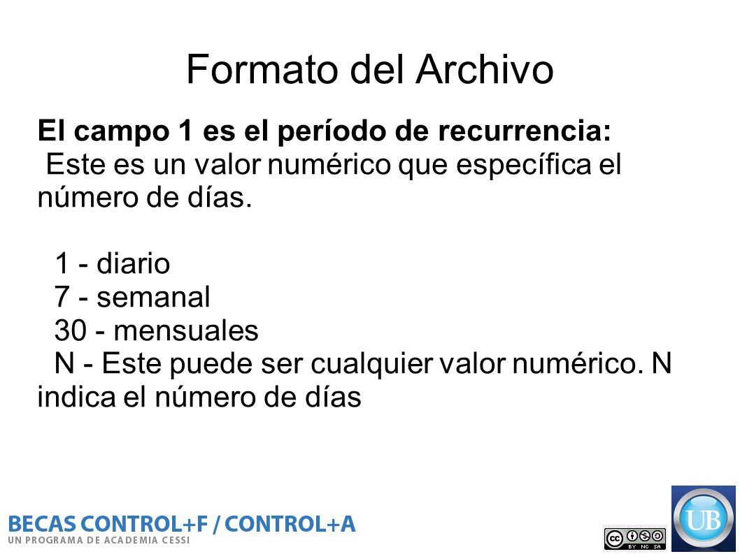 Formato del Archivo El campo 1 es el período de recurrencia: