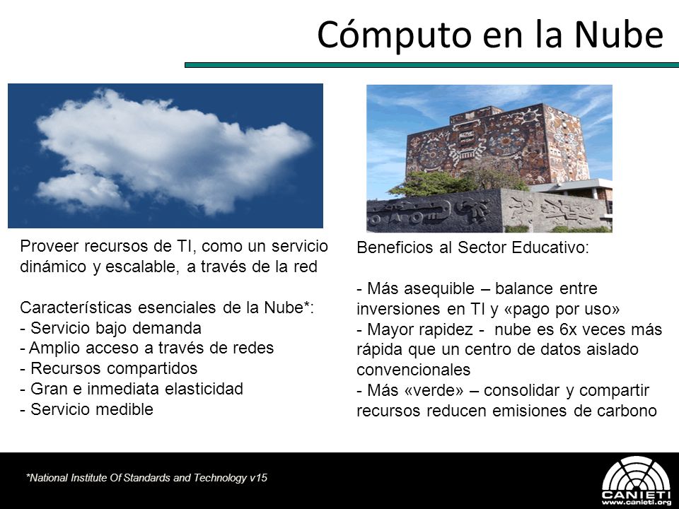 Cómputo en la Nube Proveer recursos de TI, como un servicio dinámico y escalable, a través de la red.