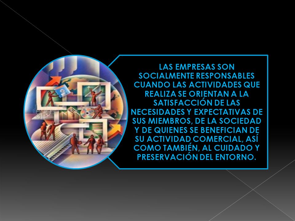 LAS EMPRESAS SON SOCIALMENTE RESPONSABLES CUANDO LAS ACTIVIDADES QUE REALIZA SE ORIENTAN A LA SATISFACCIÓN DE LAS NECESIDADES Y EXPECTATIVAS DE SUS MIEMBROS, DE LA SOCIEDAD Y DE QUIENES SE BENEFICIAN DE SU ACTIVIDAD COMERCIAL, ASÍ COMO TAMBIÉN, AL CUIDADO Y PRESERVACIÓN DEL ENTORNO.