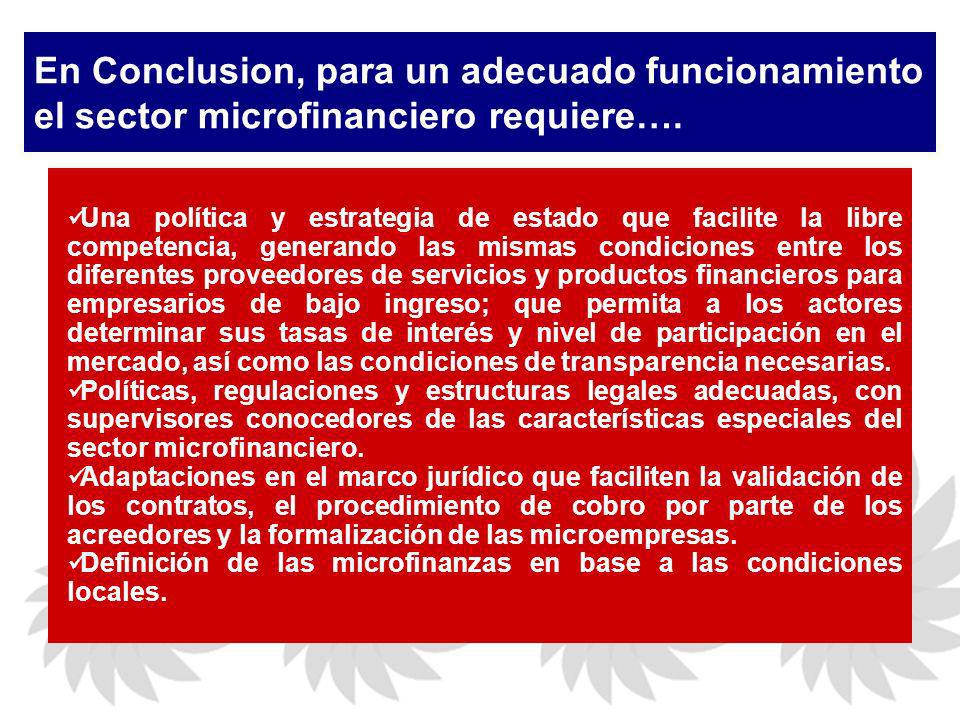 En Conclusion, para un adecuado funcionamiento el sector microfinanciero requiere….