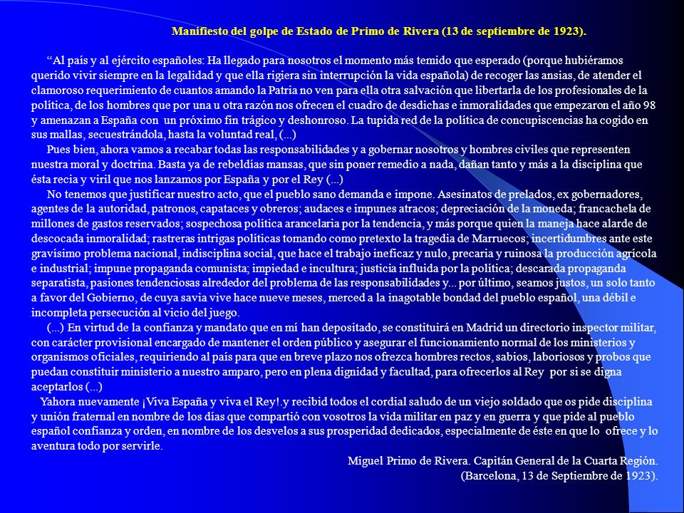 Manifiesto del golpe de Estado de Primo de Rivera (13 de septiembre de 1923).