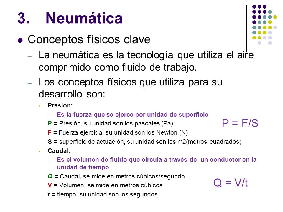3. Neumática Conceptos físicos clave P = F/S Q = V/t
