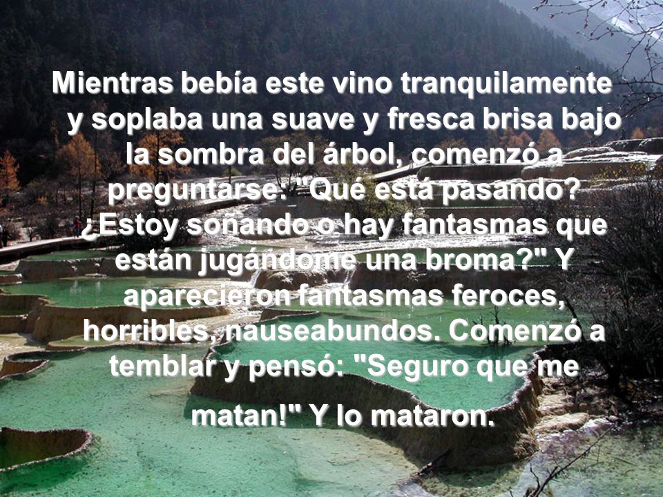 Mientras bebía este vino tranquilamente y soplaba una suave y fresca brisa bajo la sombra del árbol, comenzó a preguntarse: Qué está pasando.