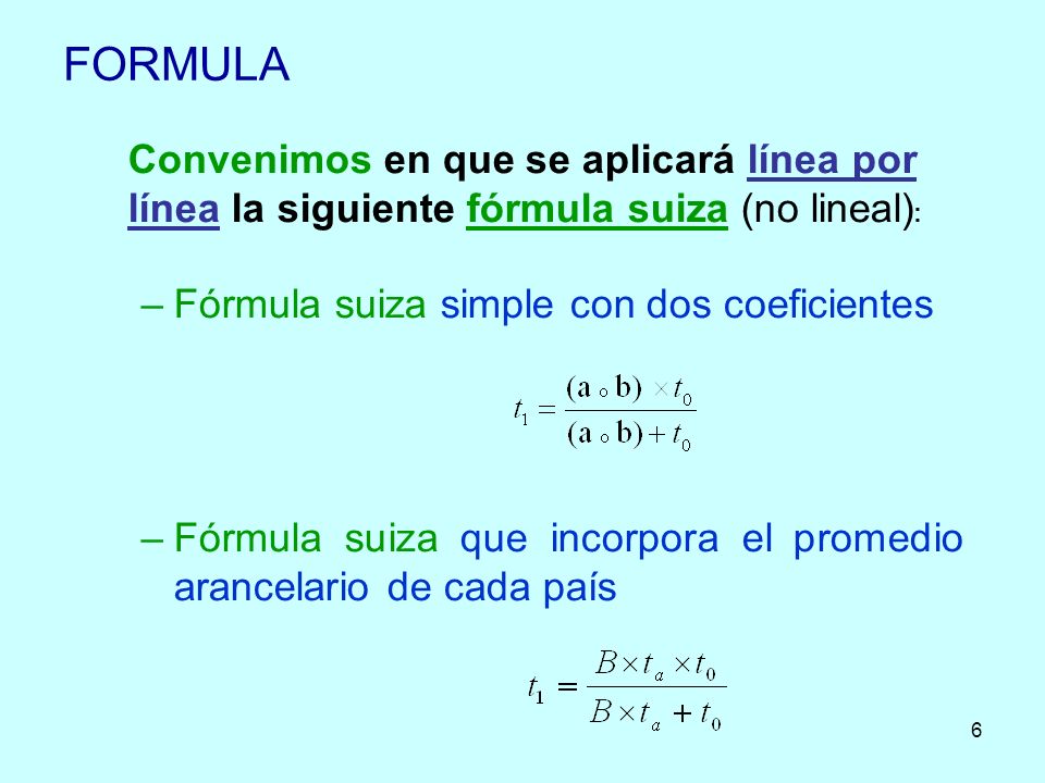 FORMULA Convenimos en que se aplicará línea por línea la siguiente fórmula suiza (no lineal): Fórmula suiza simple con dos coeficientes.