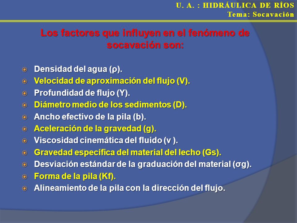 Los factores que influyen en el fenómeno de socavación son: