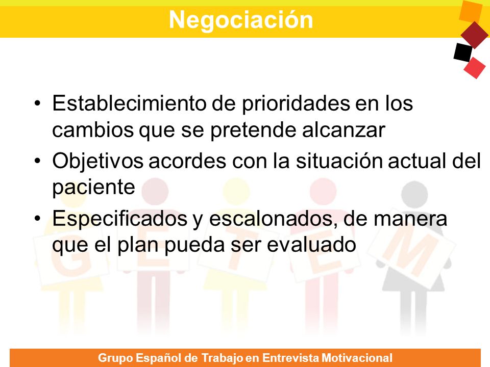 Negociación Establecimiento de prioridades en los cambios que se pretende alcanzar. Objetivos acordes con la situación actual del paciente.