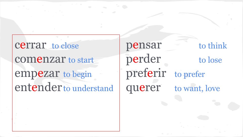 cerrar to close comenzar to start. empezar to begin. entender to understand. pensar to think. perder to lose.