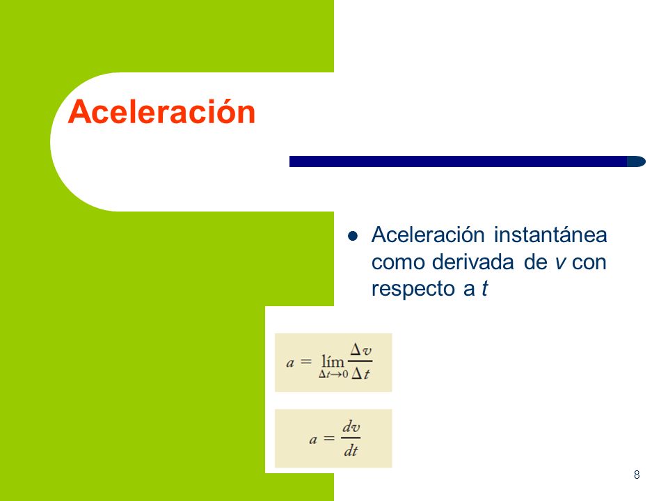 Aceleración Aceleración instantánea como derivada de v con respecto a t